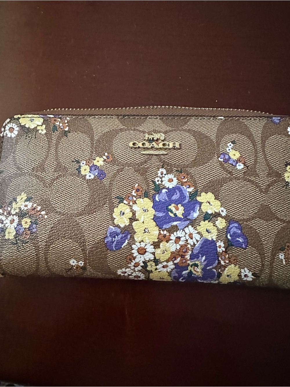 Coach Brown Signature Floral Zip Wallet with Purple & Yellow Accents